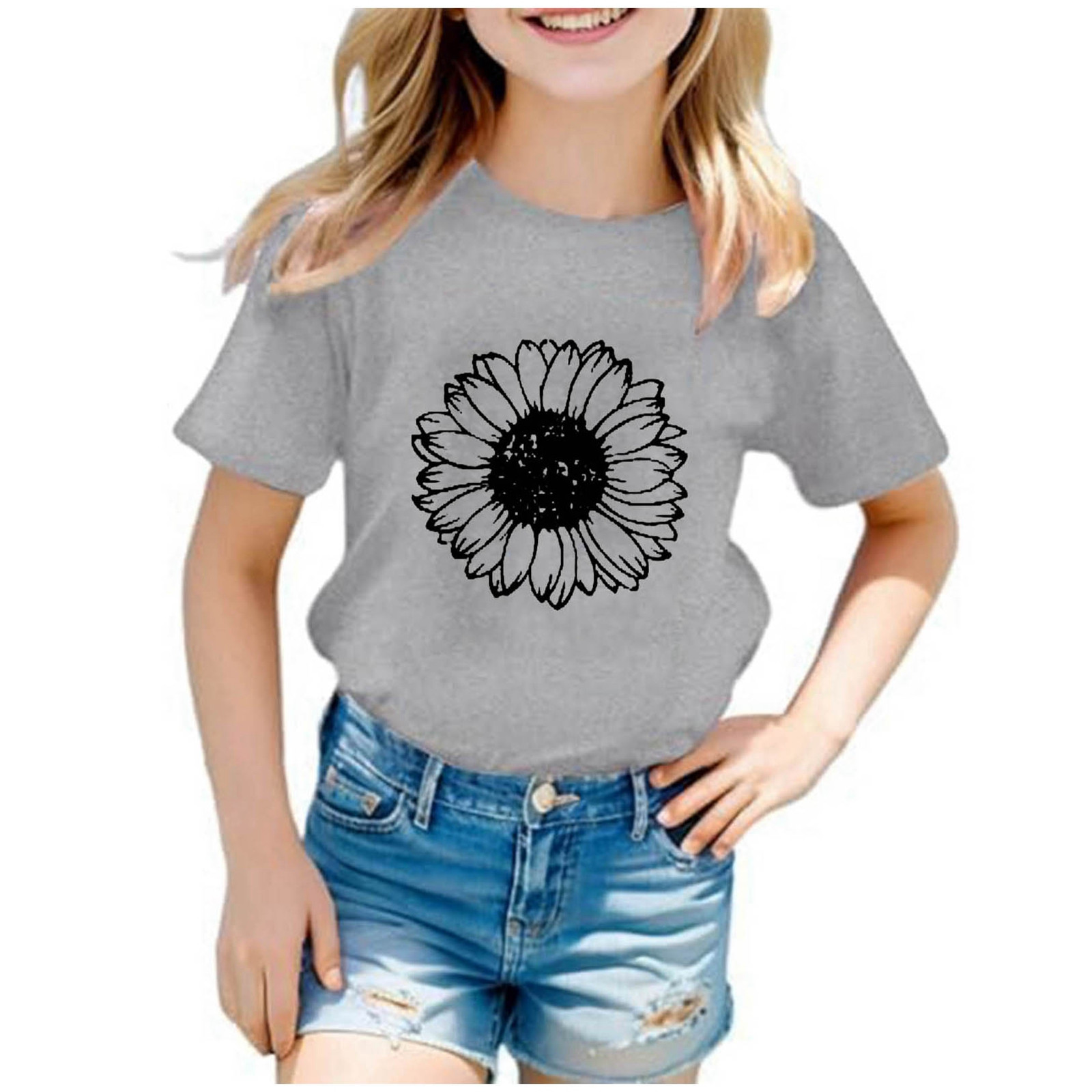PEASKJP Dance Shirts for Girls Girls Oversized T-Shirts Short Sleeve Crewneck Summer Casual Loose Tops Tees,3-4 Years Grey